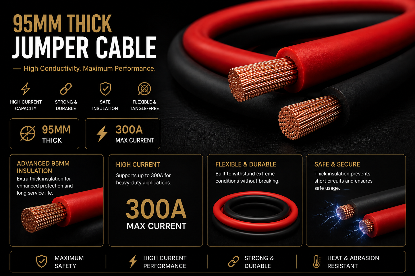⚡ Heavy Duty Emergency Jumper Cables – 9ft/6ft Extra Reach, 200A/300A – | 95mm Strength
