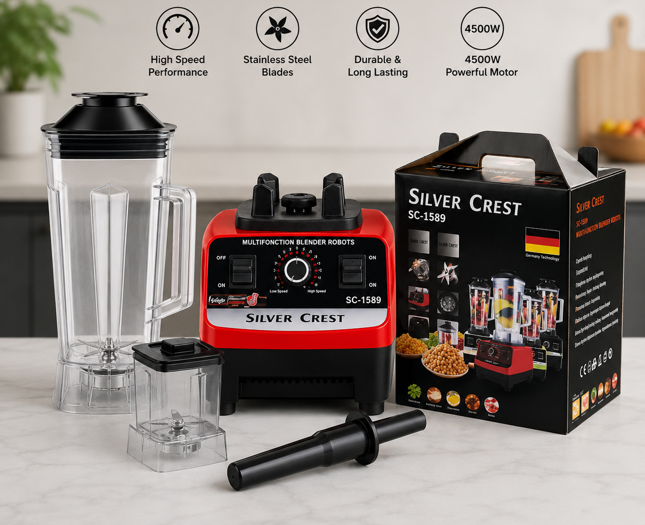 Silver Crest SC-1589 Heavy Duty Blender & Grinder | 4500W Multi-Purpose Juicer | Ice Crusher & Food Processor